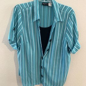 Maggie Barnes Shirt 2X Plus Button Front Stripe Built in Tank Short Sleeve
